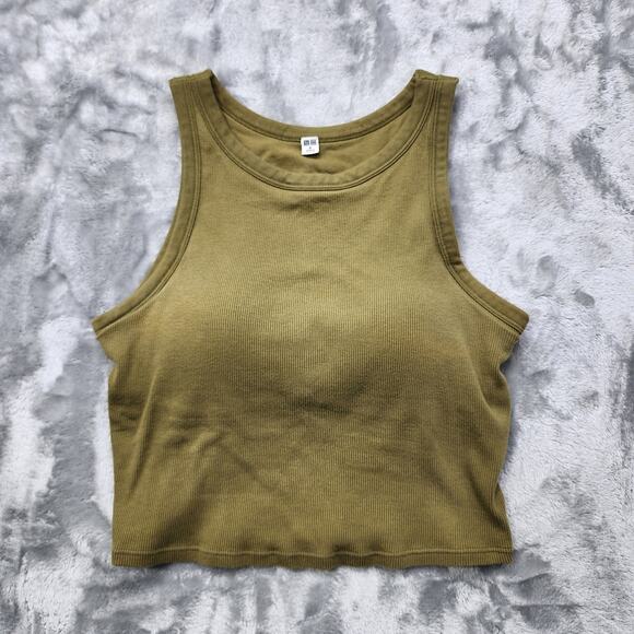 Uniqlo Top Womens M Green Ribbed Active Built In Bra Crop Tank Casual Sleeveless - Picture 1 of 8